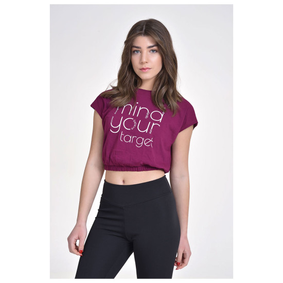 Target Γυναικεία κοντομάνικη μπλούζα Crop Top Dropped Shoulder Single Jersey "Mind"